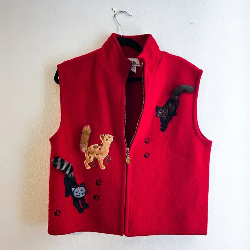 Vintage Lisa International Cat Lover Fuzzy Tail Wool Vest - Picture 2 of 6